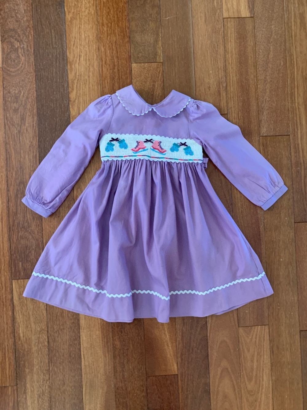 Toddler Girls 5 Purple Cotton Long Sleeve Peter Collar Pan Smocked Dress